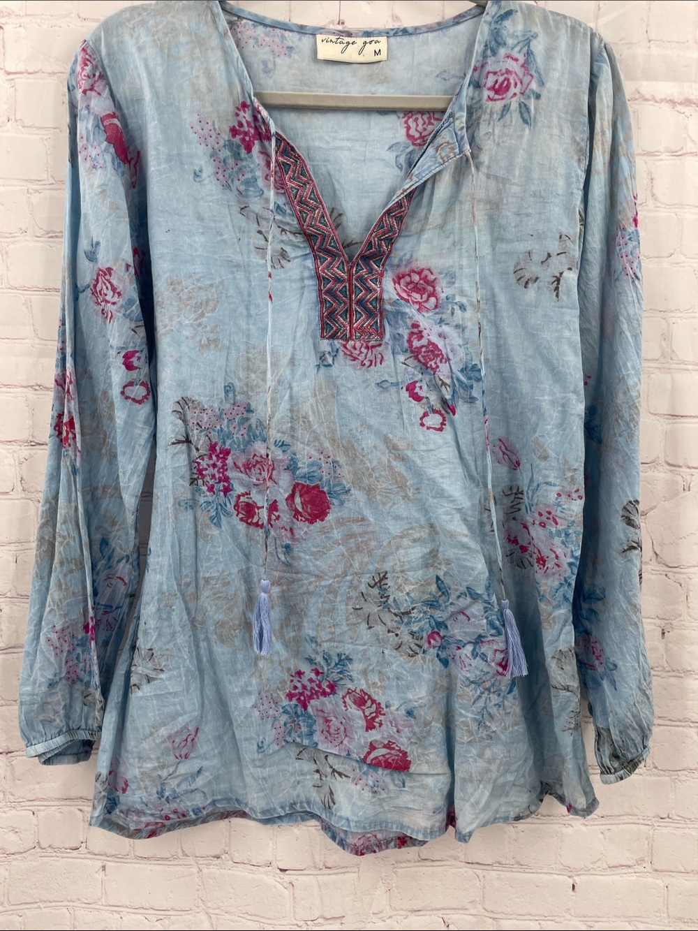 Vintage Goa Blue Floral Top Pink Rose Print and Embroidered V-Placket Cotton M